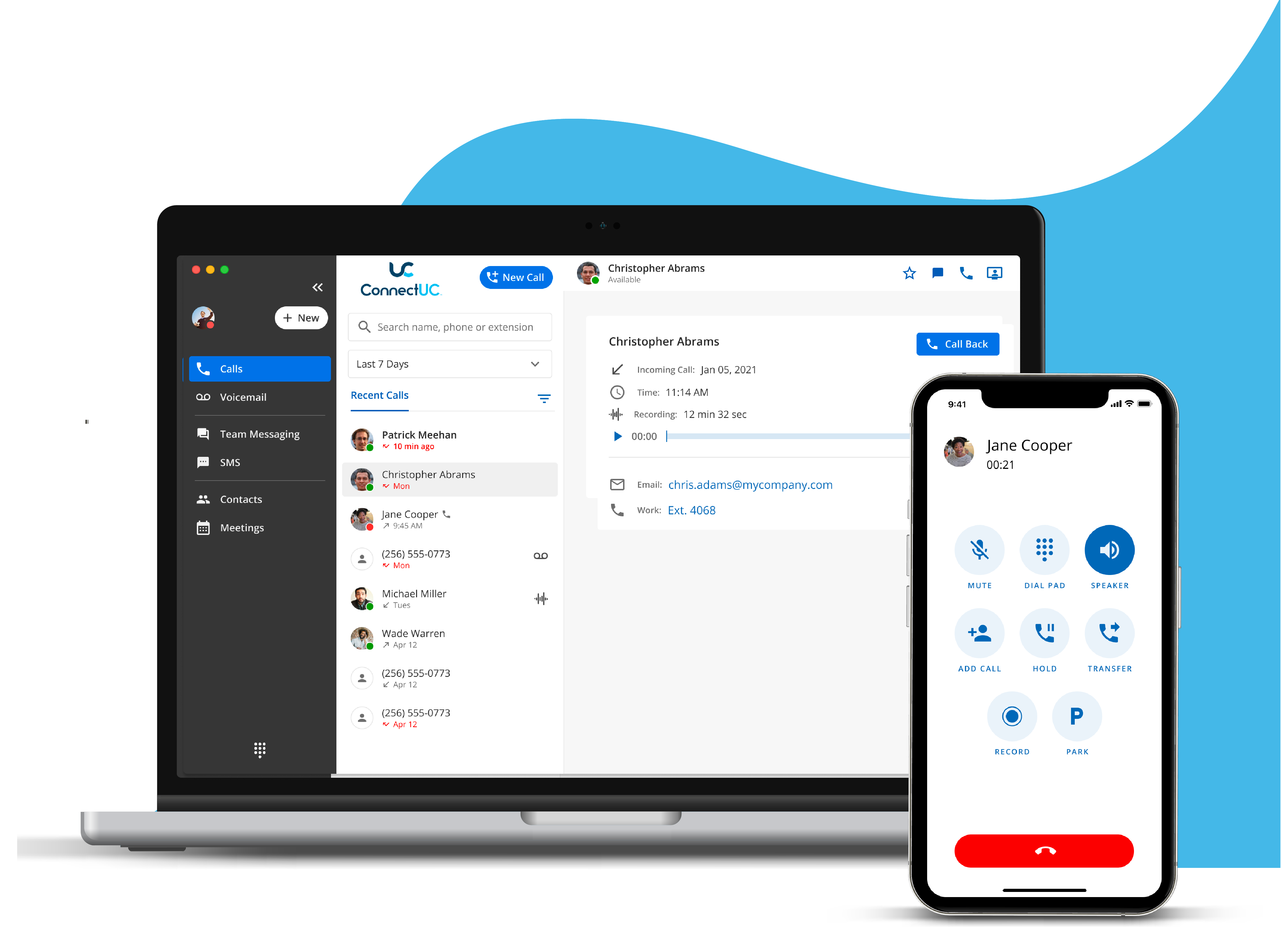 HopDial mobile and web app powered by ConnectUC showing calls, messaging, and contacts