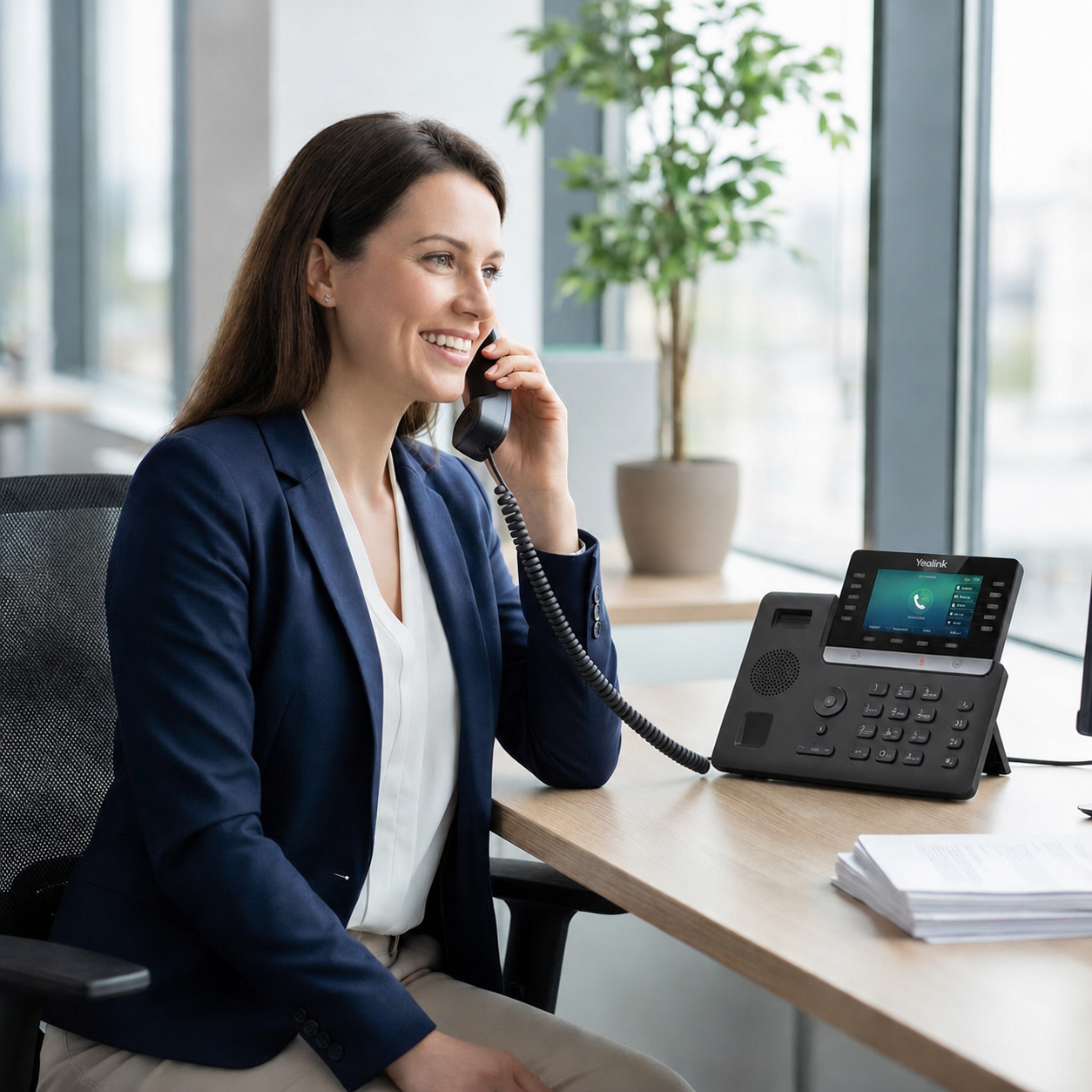 Professional woman using a Yealink VoIP desk phone in a modern office